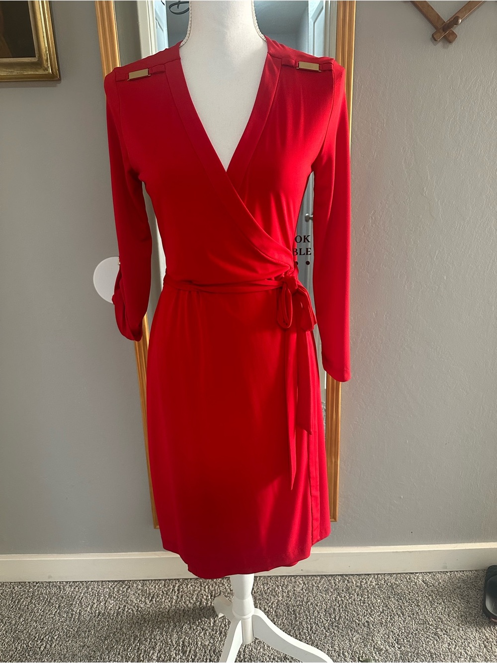 Calvin Klein Red Wrap Dress with Shoulder Accent